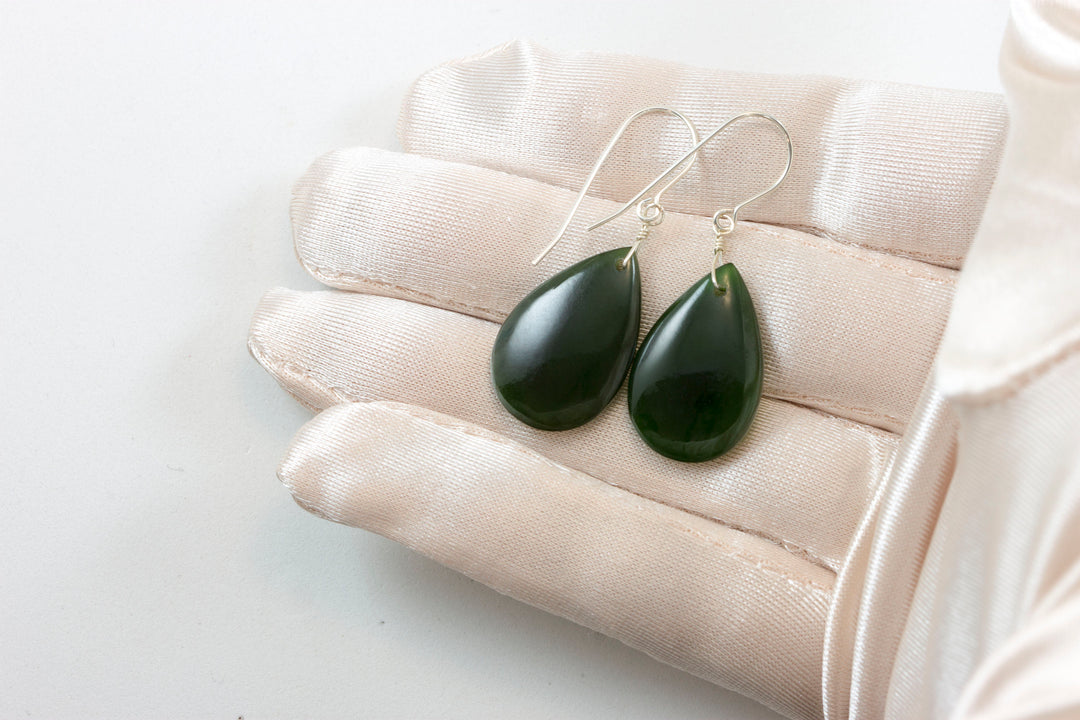Jade Earrings Natural Green Nephrite Smooth Fat Teardrop Drops 14k Solid Gold or Filled or Sterling Silver Earthy Rich Green classic simple