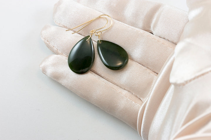 Jade Earrings Natural Green Nephrite Smooth Fat Teardrop Drops 14k Solid Gold or Filled or Sterling Silver Earthy Rich Green classic simple