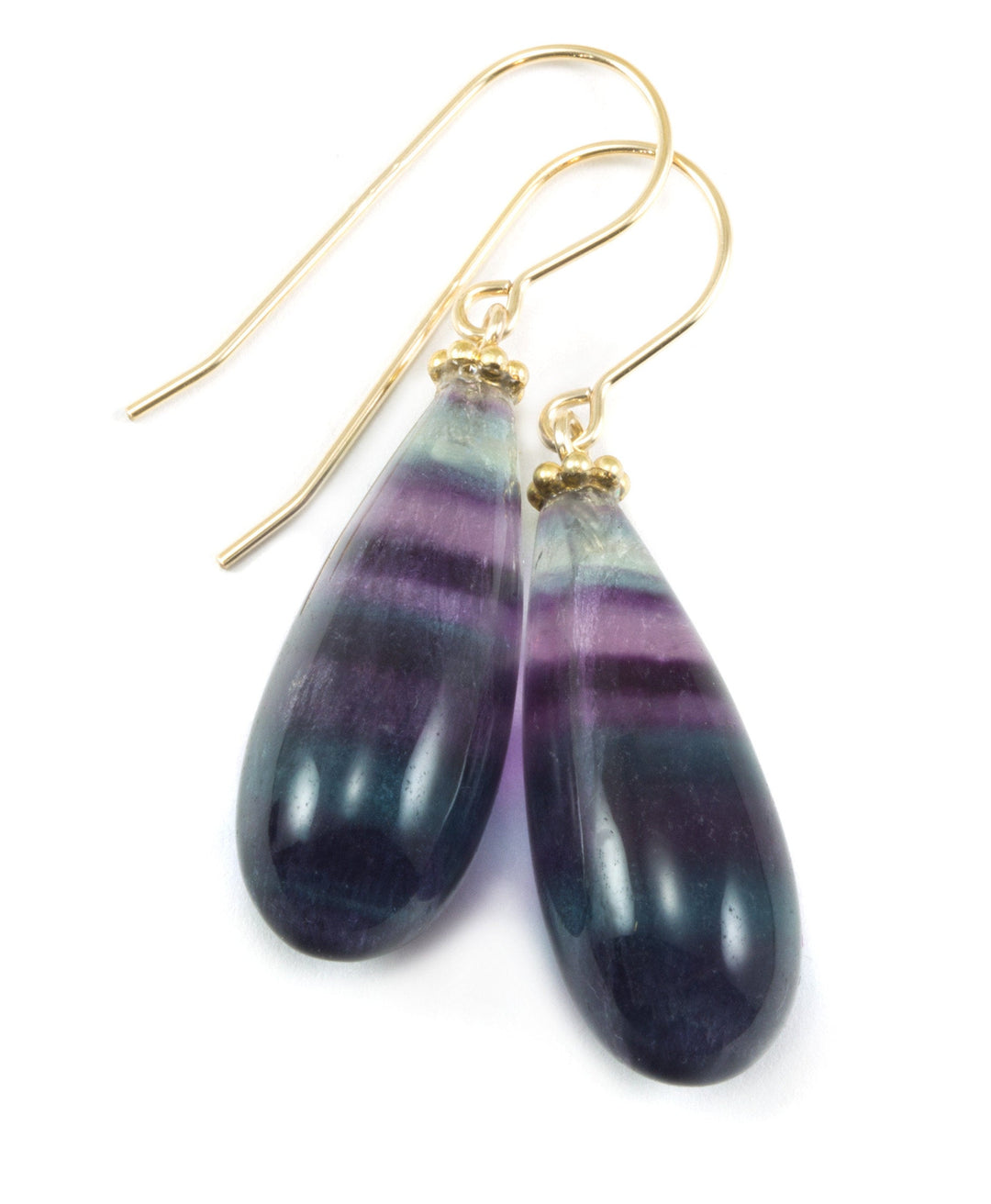 Fluorite Earrings Smooth Teardrop 14k solid gold or filled or sterling silver Natural Flourite Fat Round Drop Striped Teal Purple Beaded
