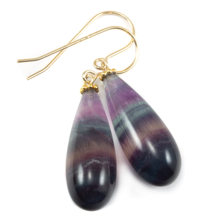 Fluorite Earrings Smooth Teardrop 14k solid gold or filled or sterling silver Natural Flourite Fat Round Drop Striped Teal Purple Beaded