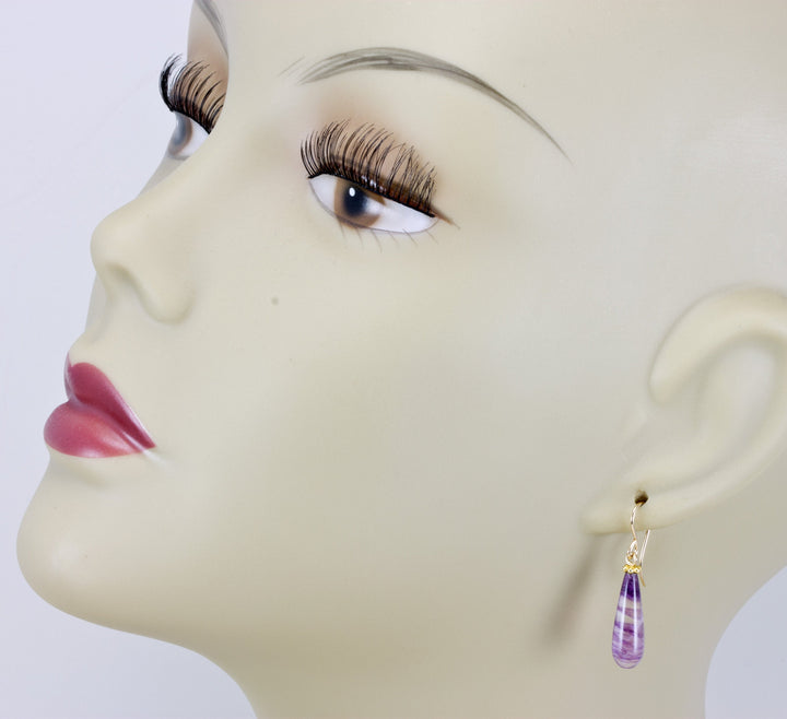 Fluorite Earrings Sterling Silver or 14k solid gold or filled Purple Striped  Smooth Teardrop  Flourite Spyglass Designs Simple Dainty Drops