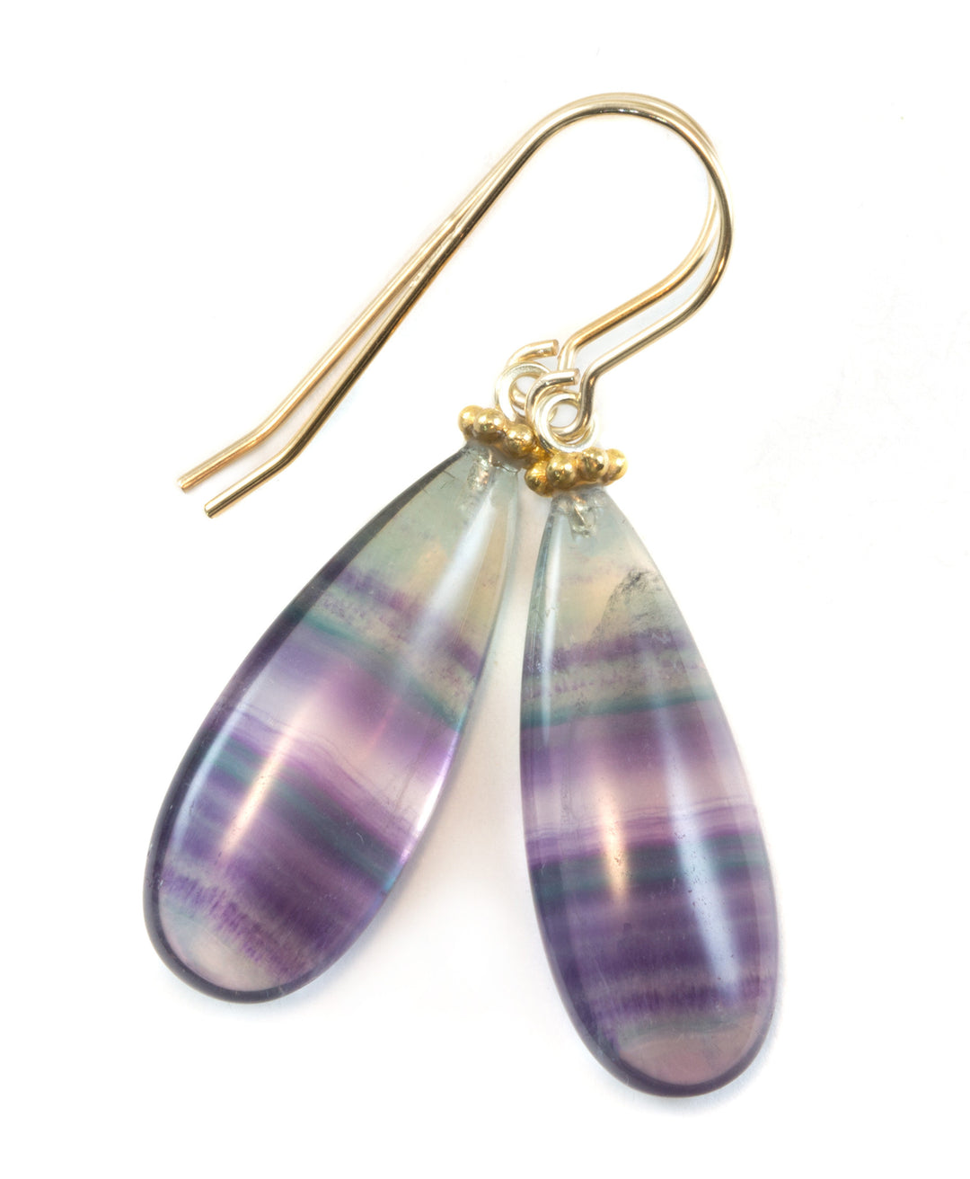 Fluorite Earrings Purple Teal Blue Striped Smooth Teardrop 14k solid gold or gold filled or sterling silver Natural Large Pair Beaded Simple