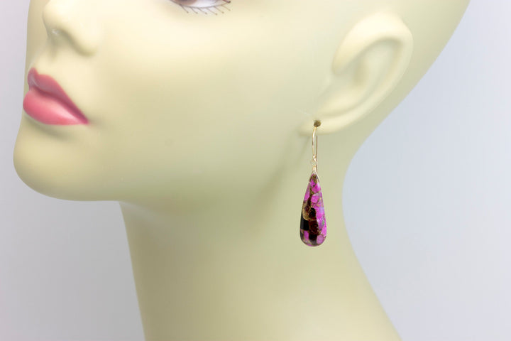 Pink Copper Obsidian Earrings Smooth Mosaic Teardrop  Drop Sterling Silver or 14k Solid Gold or Filled Earrings Hot Pink Unique Contemporary
