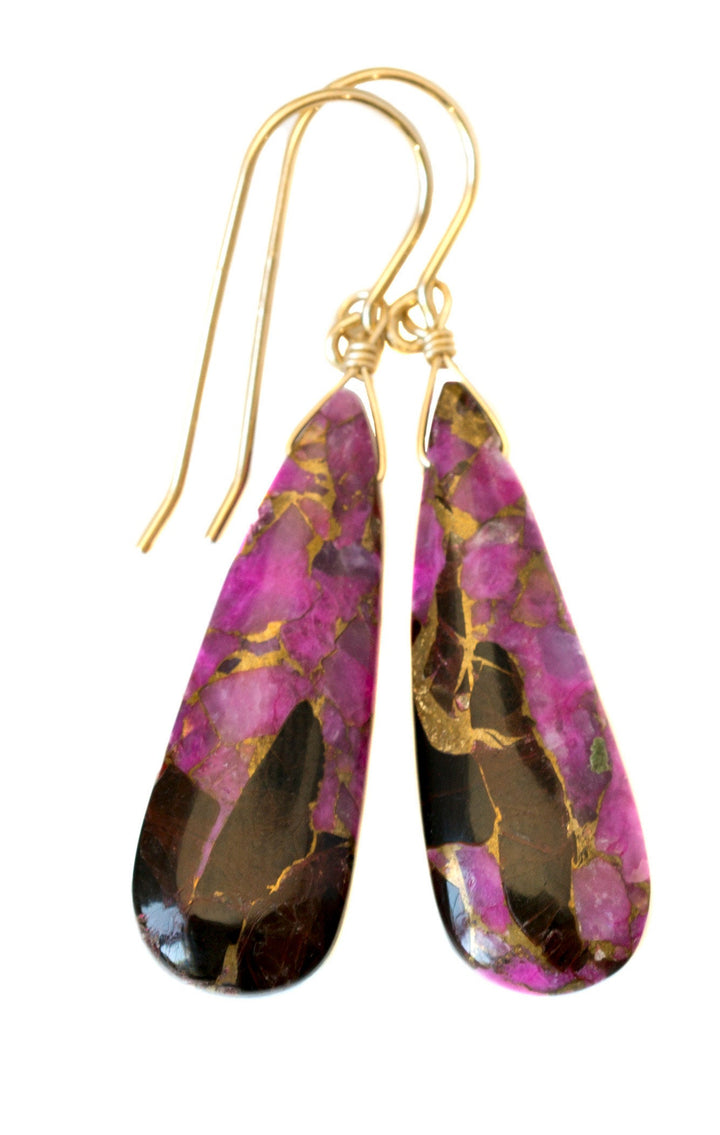 Pink Copper Obsidian Earrings Smooth Mosaic Teardrop  Drop Sterling Silver or 14k Solid Gold or Filled Earrings Hot Pink Unique Contemporary