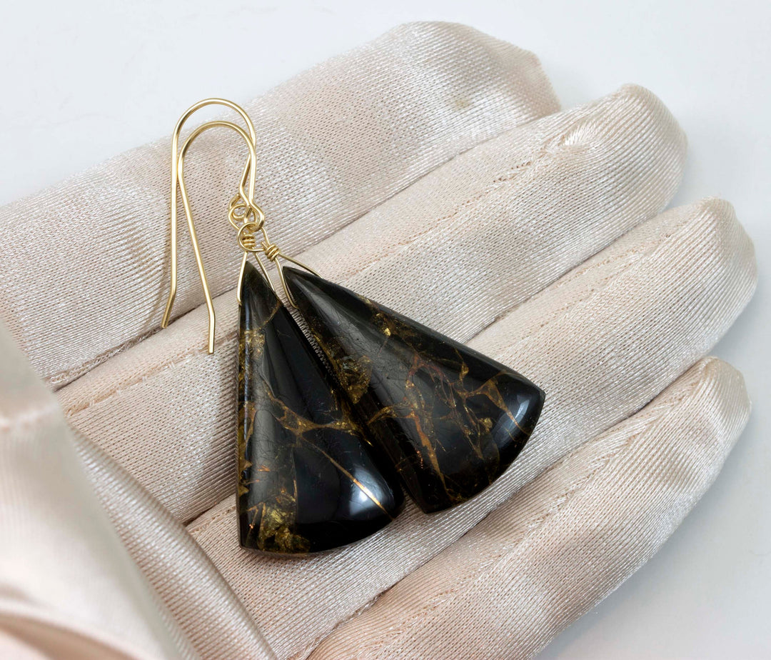Black Copper Mosaic Obsidian Earrings Smooth Drops Sterling Silver or 14k Solid Gold or Filled Long Triangle Unique Contemporary Spyglass