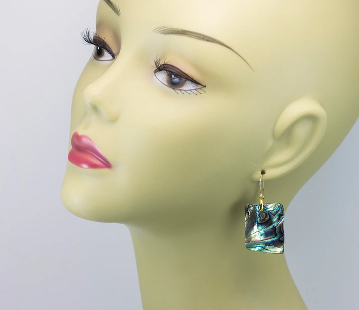 Abalone Paua Shell Teardrop Earrings Large Natural Peacock Colors 14k Solid Gold or Filled or Sterling Silver Rectangle Blue - Spyglass Designs