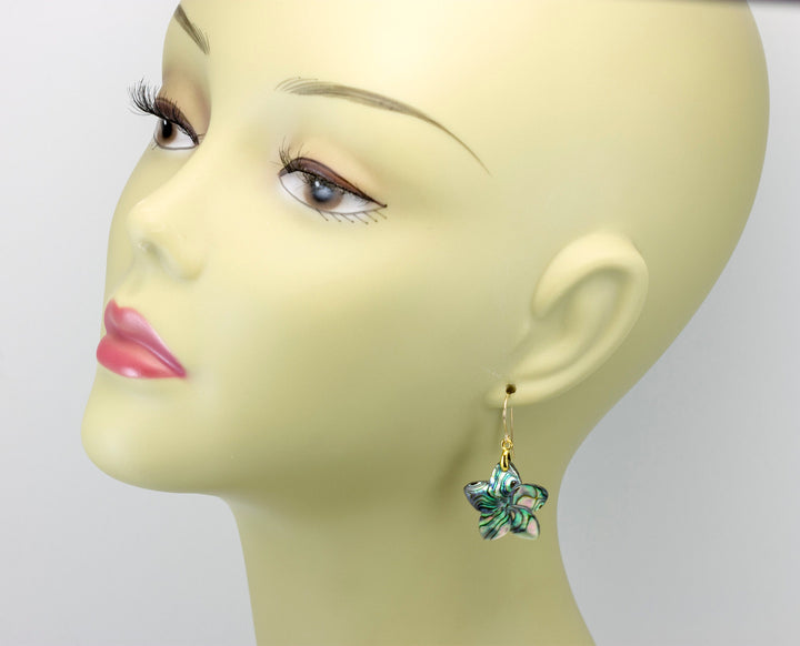 Abalone Paua Shell Teardrop Earrings Natural Peacock Carved Flower 14k solid gold or filled or Sterling Silver Large Simple MOP Drops