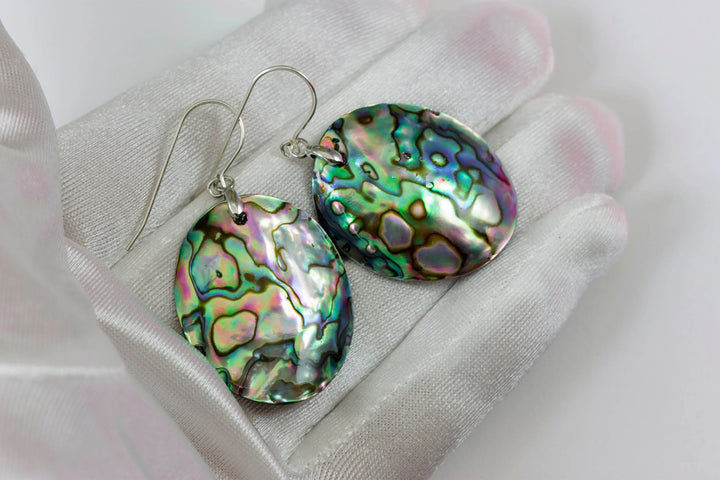 Abalone Paua Shell Teardrop Earrings Oval Natural Peacock Colors 14k Solid Gold or Filled or Sterling Silver Blue Iridescent Drops - Spyglass Designs