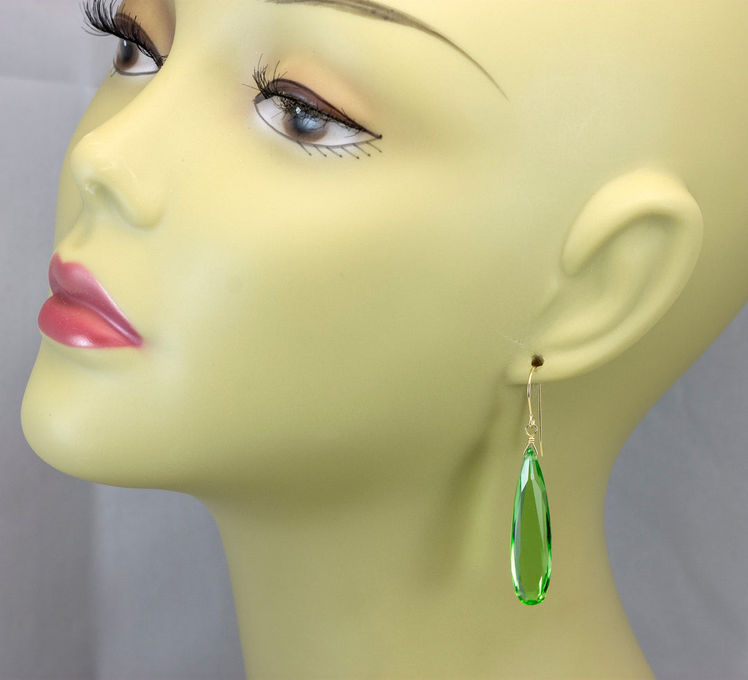 Light Green simulated Peridot Earrings Facet Large Long Dangle 14k Solid Gold or Filled or Sterling Silver Classic Simple Clean 2 Inch Drops