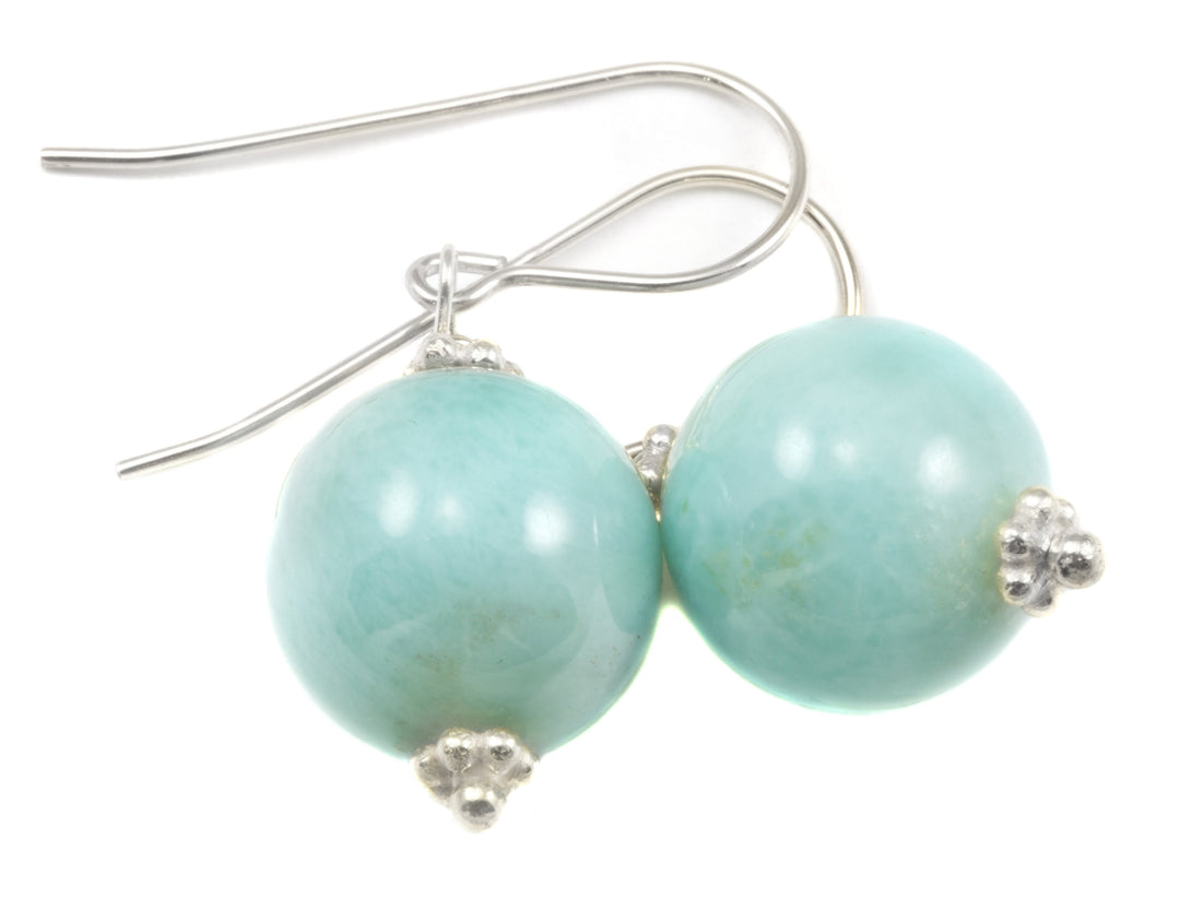 Blue Larimar Earrings Natural Round Polished Smooth Drop Sterling Silver or 14k Solid Gold or Filled Baby Light Blue Beaded Accent Simple