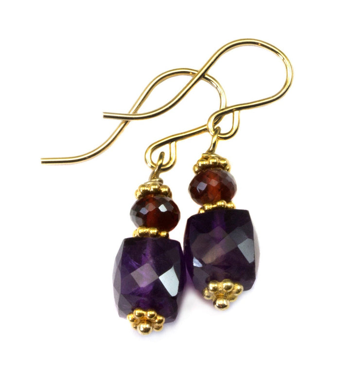 Purple Amethyst Red Garnet Earrings 14k solid gold or filled Ear Wires Stacked Stones Beaded Accents Natural Gemstones Simple Everyday Drops