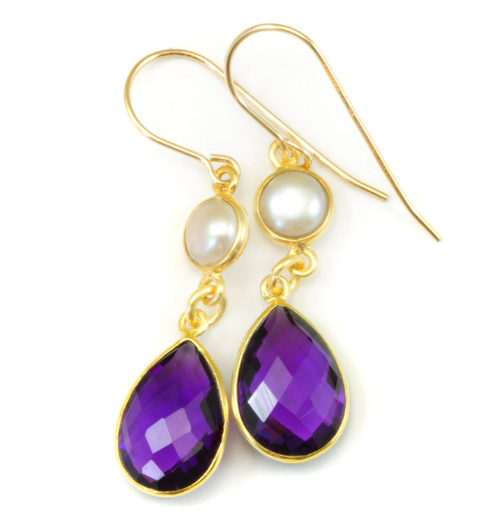 Purple Amethyst Earrings Bezeled Set Double Hung Natural White Freshwater Pearl Smooth Cut 14k Yellow Gold or Filled Long Classic simple