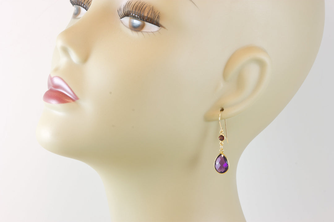 Purple Amethyst Earrings Bezel Set Double Hung Dainty Red Garnet 14k Yellow Solid Gold or Filled Long Classic simple Teardrops
