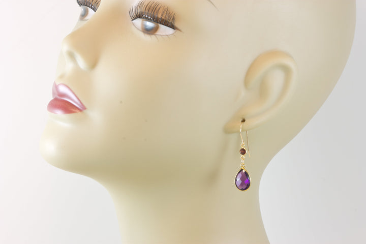 Purple Amethyst Earrings Bezel Set Double Hung Dainty Red Garnet 14k Yellow Solid Gold or Filled Long Classic simple Teardrops
