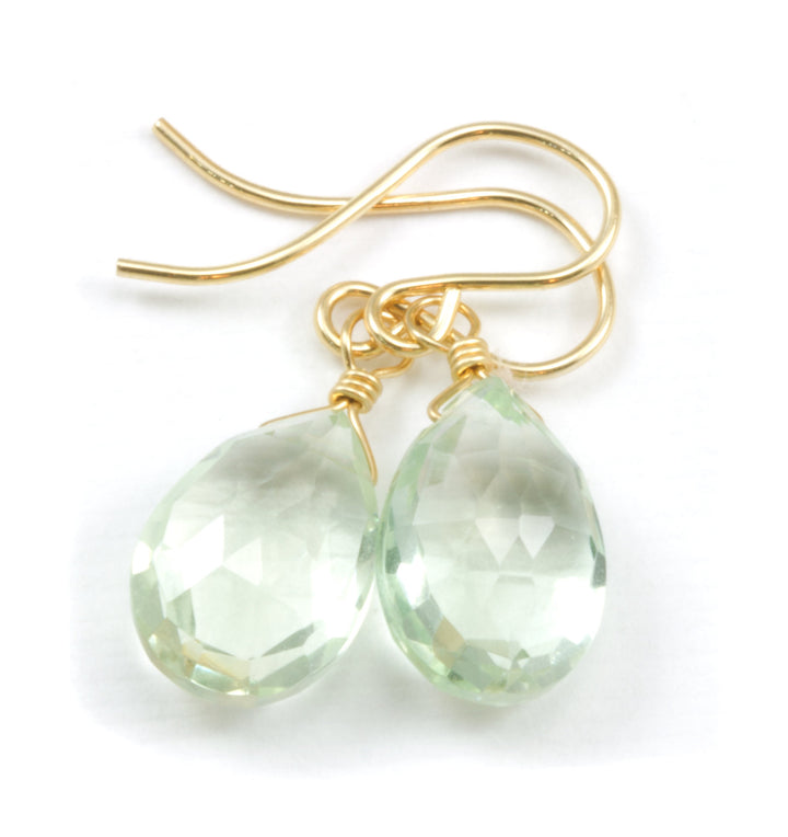 Green Amethyst Earrings Prasiolite Faceted AAA Pear Teardrop 14k Solid Gold or Filled or Sterling Silver Simply Daily Pale Soft Green Drop