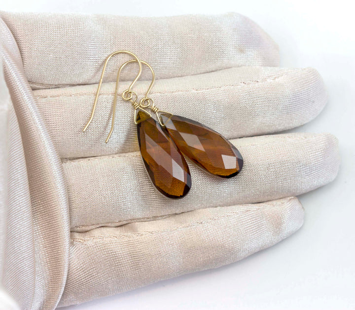 Madeira Citrine Earrings Large Simulated Faceted Briolette Long Teardrops Drop 14k gold filled or Sterling Silver Rich Dark Yellow Amber