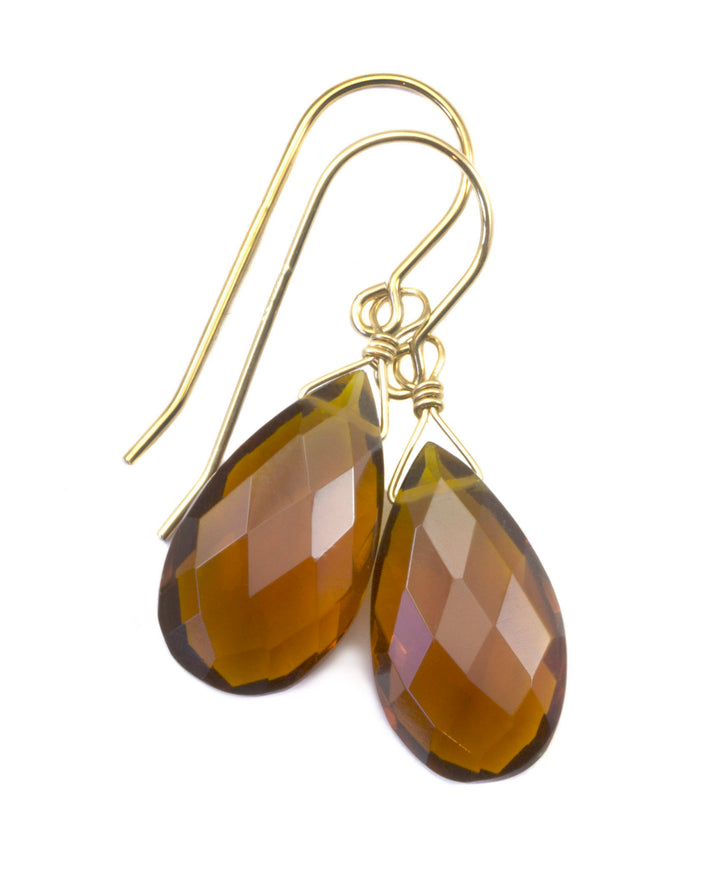 Madeira Citrine Earrings Large Simulated Faceted Briolette Pear Teardrops 14k solid gold or filled or Sterling Silver Rich Dark Yellow Amber