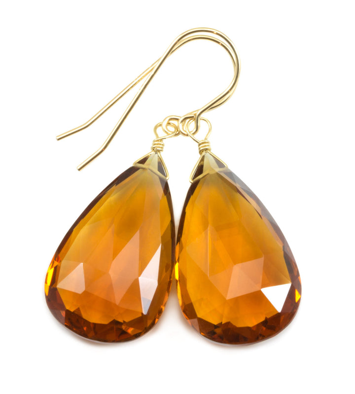 Citrine Earrings Dark Yellow Simulated Large Faceted Briolette Teardrops Drops 14k solid gold or filled or Sterling Silver Pear Shaped