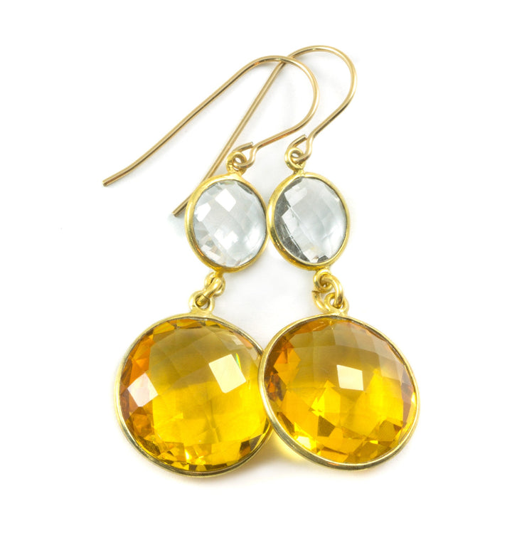 Yellow Citrine Quartz Earrings Simulate faceted Round Double Drop Clear Quartz 14k solid gold or filled Bezel Set Spyglass Designs Simple