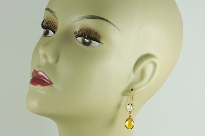 Yellow Citrine Quartz Earrings Simulate faceted Teardrop Double Drop Clear Quartz 14k solid gold or filled Bezel Set Spyglass Designs Simple