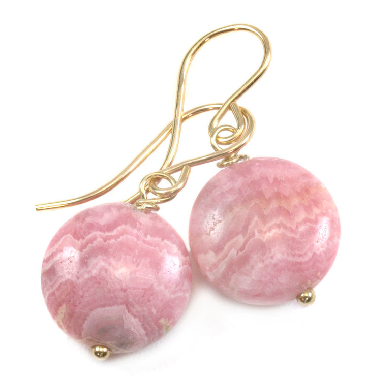 Pink Rhodochrosite Earrings Smooth Natural Round Button Dainty Sterling Silver or 14k Solid Gold or Filled Natural Earthy Pink Simple Drop
