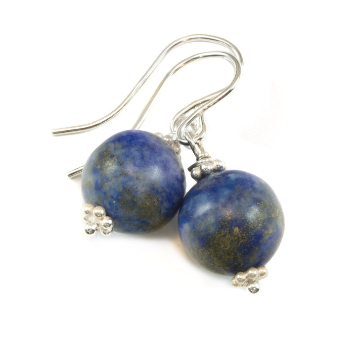 Lapis Lazuli Earrings Natural Dusty Blue Matt Round Dangles Sterling Silver or 14k Solid Gold or Filled Beaded Simple Basic Drops Pyrite