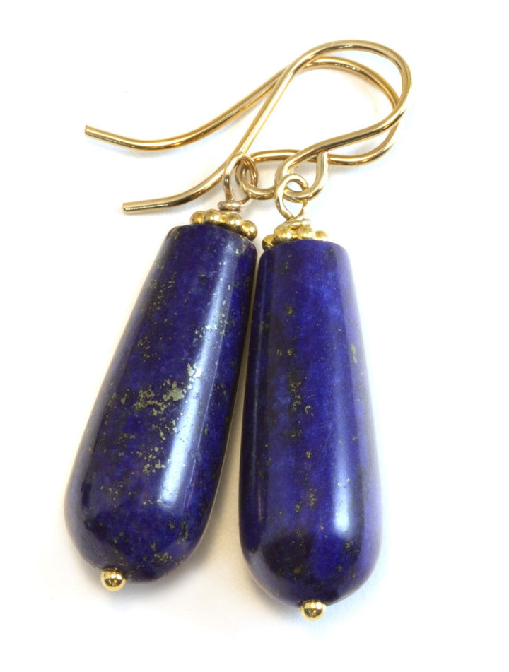 Blue Lapis Lazuli Earrings Long Rounded Drops Natural Sterling Silver or 14k Gold Filled Natural Teardrops Simple Daily Wear Pyrite Flecks