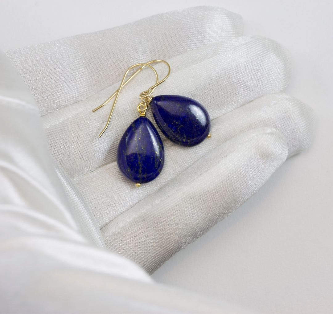Blue Lapis Lazuli Earrings Natural Simple Smooth Teardrop Dangle Drops Sterling Silver or 14k Solid Gold or Filled Pyrite Spyglass Designs