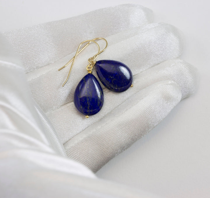 Blue Lapis Lazuli Earrings Natural Simple Smooth Teardrop Dangle Drops Sterling Silver or 14k Solid Gold or Filled Pyrite Spyglass Designs