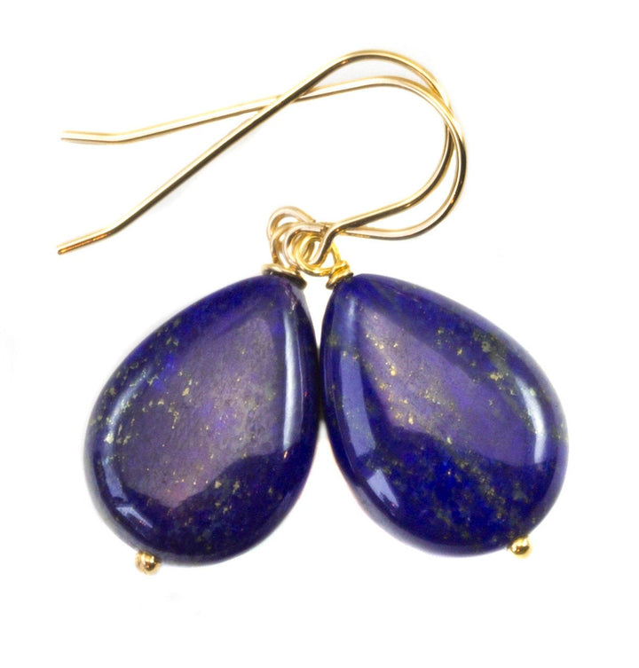 Blue Lapis Lazuli Earrings Natural Simple Smooth Teardrop Dangle Drops Sterling Silver or 14k Solid Gold or Filled Pyrite Spyglass Designs