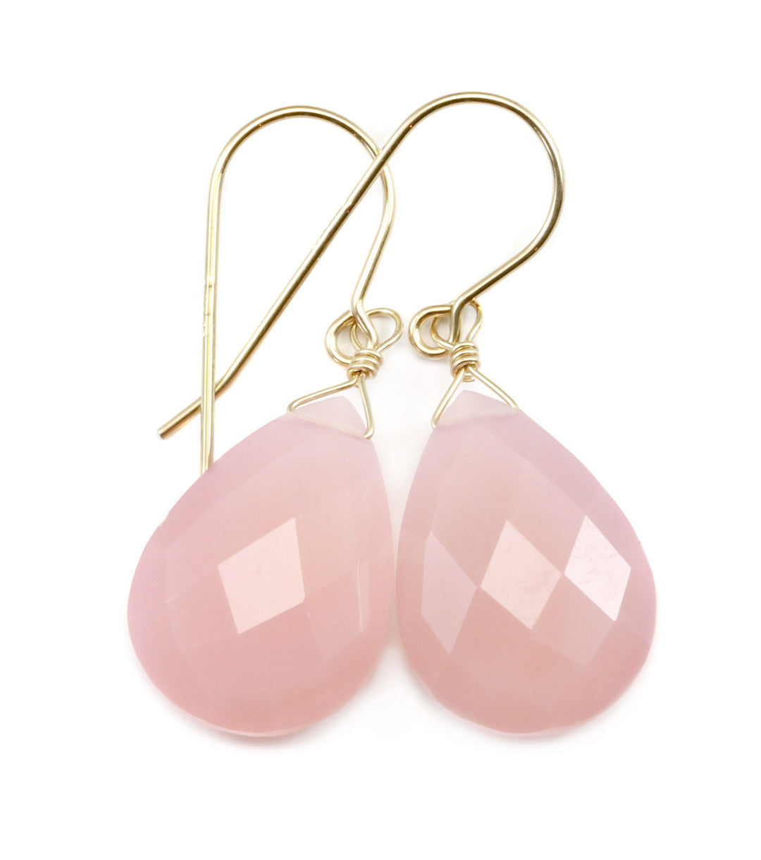 Pink Chalcedony Earrings Sterling Silver or 14k Solid Yellow Gold or Filled Faceted Teardrop Large Pear Cut Pale Soft Pink Natural Classic