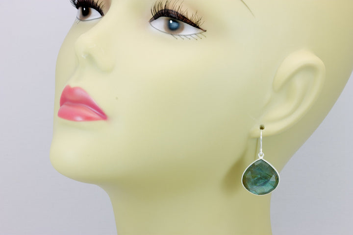 Labradorite Earrings Faceted Fat Large Teardrop Bezel Sterling Silver or 14k Solid Gold or Filled or Black Rhodium Blue Flash Simple  Drops