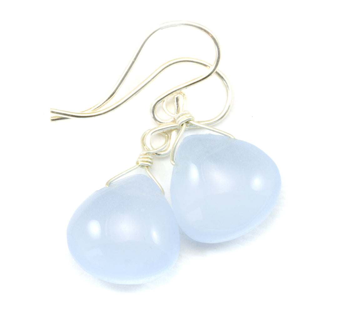 Steel Blue Gray Chalcedony Earrings Teardrop Heart Smooth Sterling Silver or 14k Solid Gold or Filled Simple Classic Daily Wear Drops