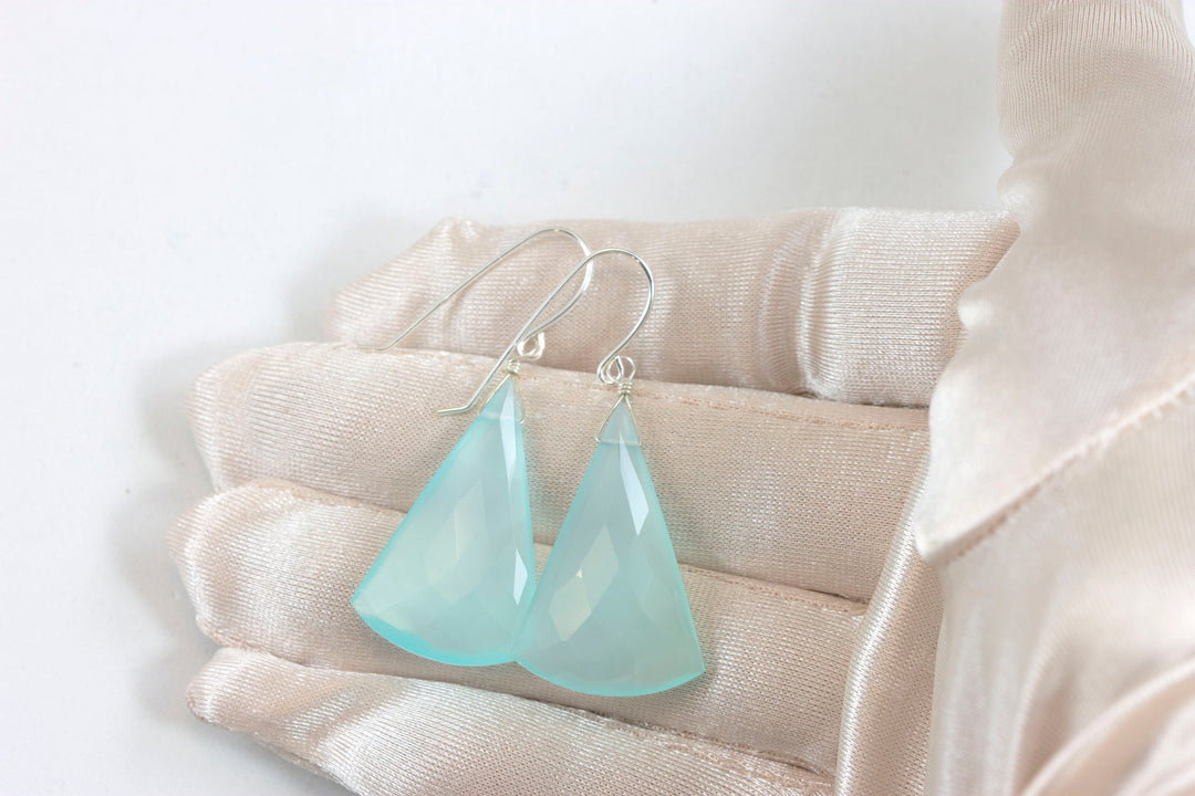 Aqua Blue Chalcedony Earrings 14k Solid Gold or Filled or Sterling Silver Teardrop Triangle Faceted Soft Pale Blue Long Large Drops 2 Inch
