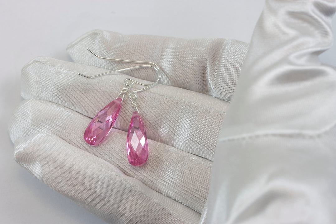 Sapphire Pink Earrings Cubic Zirconia Long Teardrop  AAA CZ  14k Solid Gold or Filled Sterling Silver Faceted Briolettes Bright Simple Drop