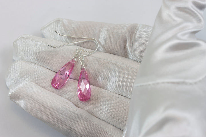 Sapphire Pink Earrings Cubic Zirconia Long Teardrop  AAA CZ  14k Solid Gold or Filled Sterling Silver Faceted Briolettes Bright Simple Drop