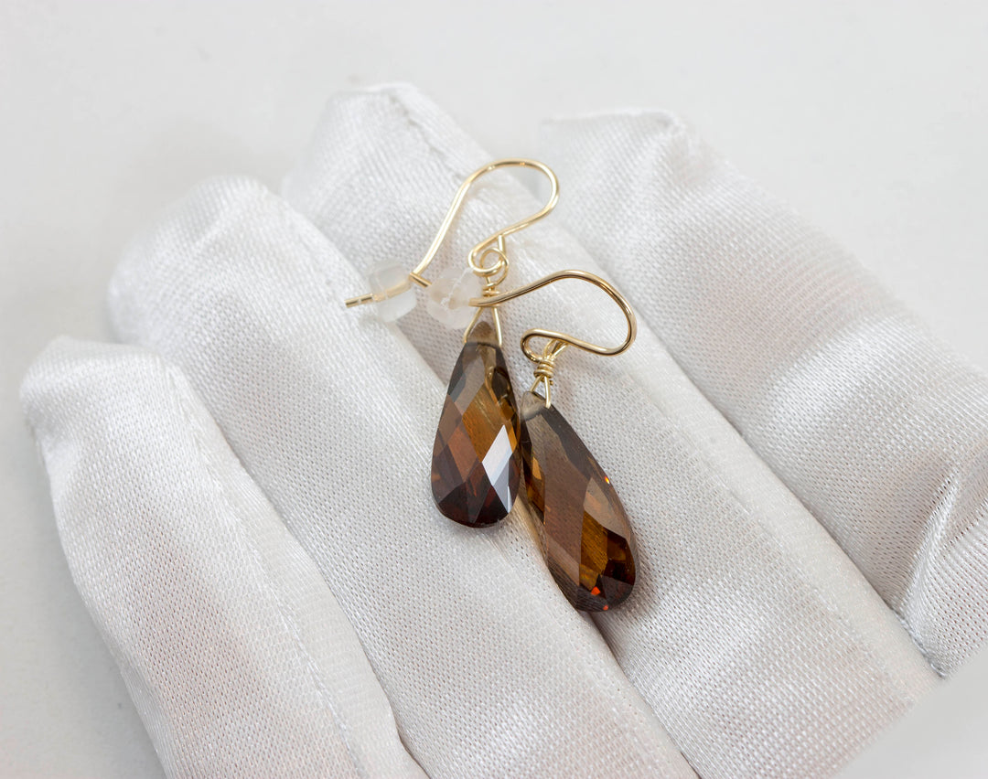 Chocolate Cubic Zirconia Earrings Long Faceted Teardrop AAA CZ Sterling Silver or 14k Solid Gold or Filled  Brown Simulated Diamond Dainty