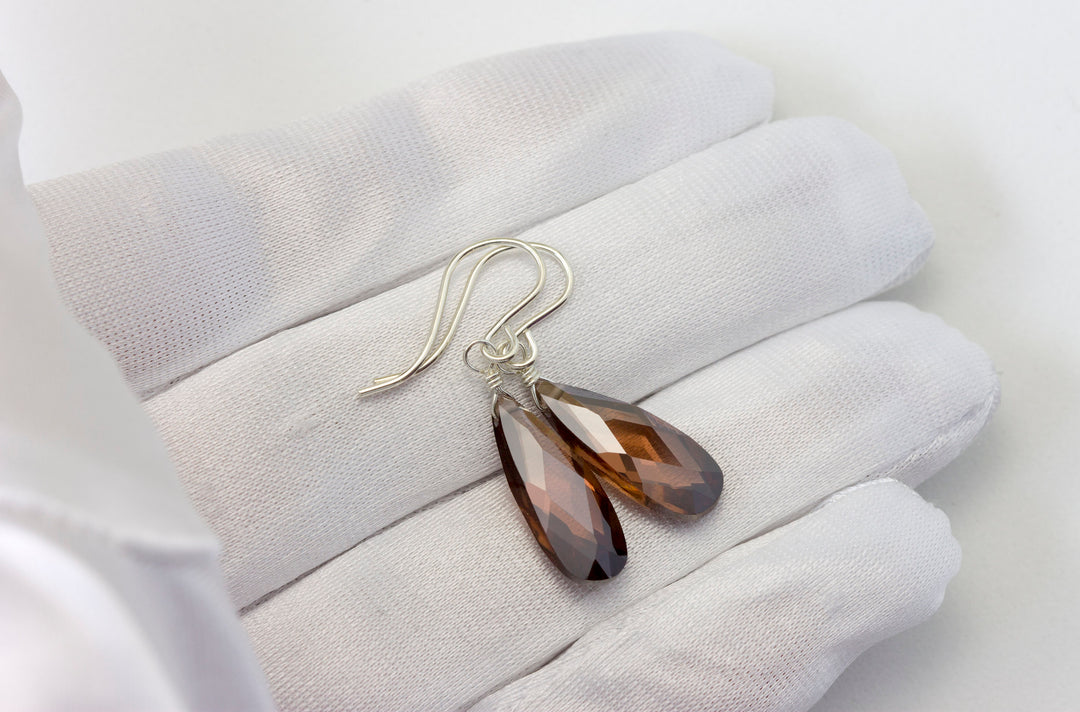 Chocolate Cubic Zirconia Earrings Long Faceted Teardrop AAA CZ Sterling Silver or 14k Solid Gold or Filled  Brown Simulated Diamond Dainty
