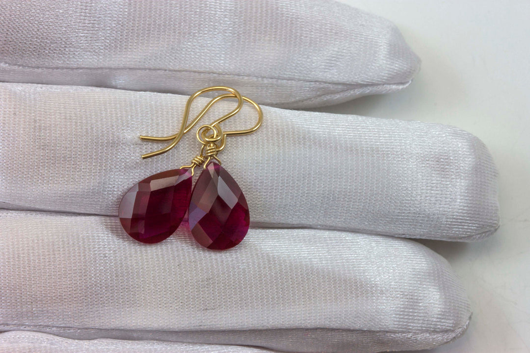 Red Ruby Cubic Zirconia Earrings Faceted Teardrop AAA CZ  Sterling Silver or 14k Solid Gold or Filled Deep Crimson Pear Simple Dainty Drop