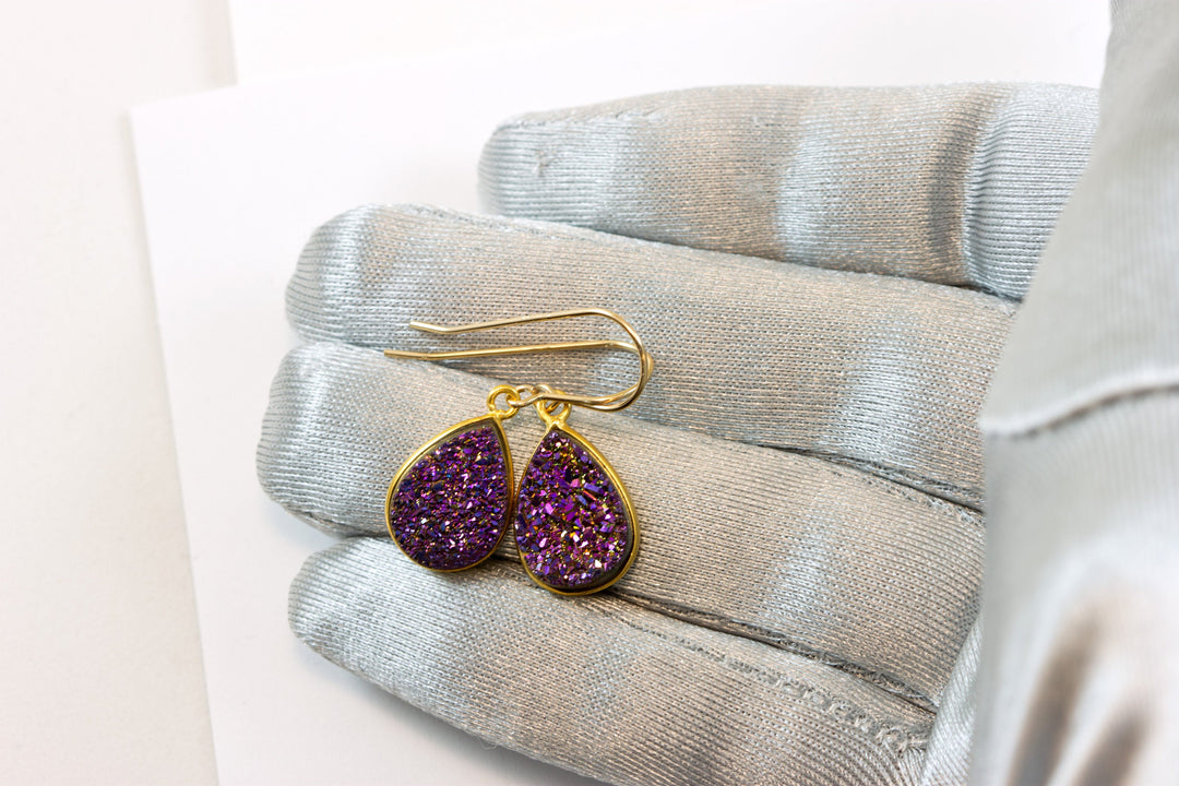 Purple Peacock Druzy Earrings Teardrop Sterling Silver or 14k Solid Gold or Filled French Ear Wires Bezel Simple Drops sparkly drusy quartz