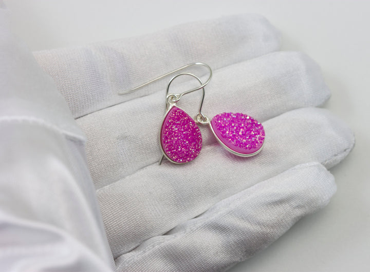Hot Pink Drusy Earrings Druzy Teardrop Sterling Silver or 14k Solid Gold or Filled Bezel Set Simple Drops Fuchsia Pink Sparkley Drops