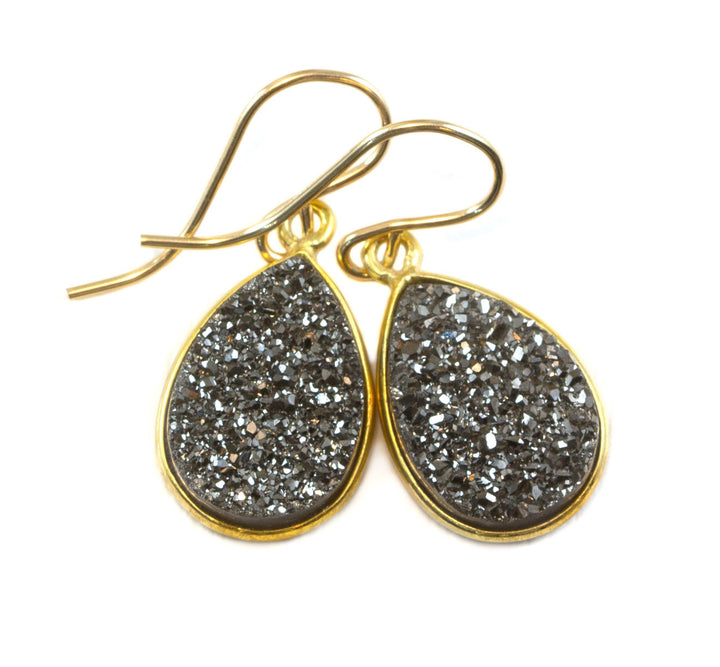 Black Drusy Earrings Druzy Quartz Teardrop Sterling Silver or 14k Solid Gold or Filled Bezel Set Simple Drops Platinum Gray Black Sparkly