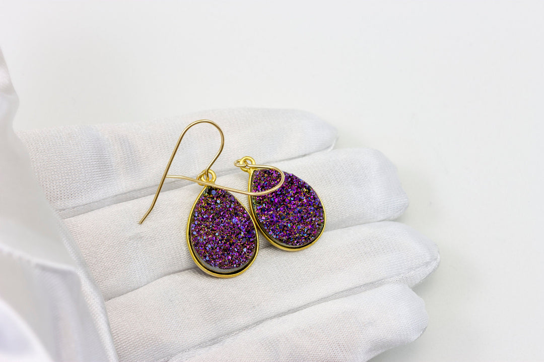 Purple Peacock Drusy Earrings Druzy Teardrop Shape 14k solid gold or filled or sterling silver Large Bezel Simple Drops Fine Drusy Quartz