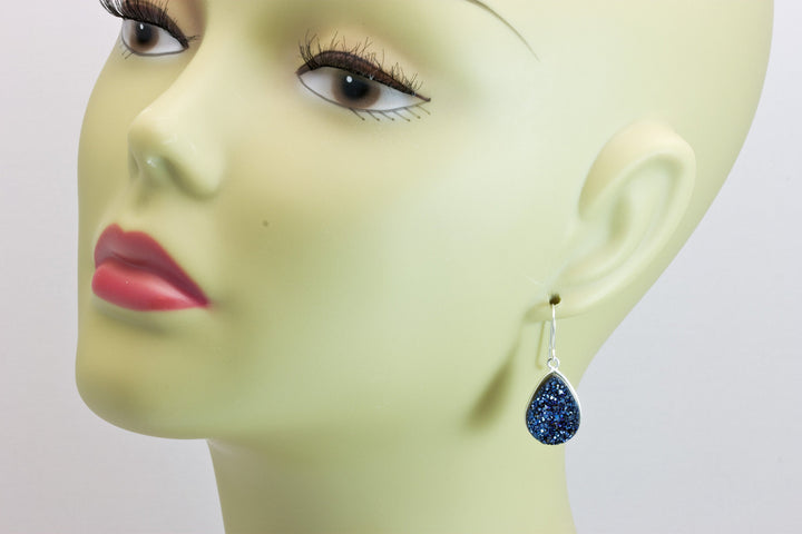 Peacock Blue Drusy Earrings Druzy Teardrops 14k Solid Gold or Filled or Sterling Silver Bezel Set Simple Drops High sparkle large drops