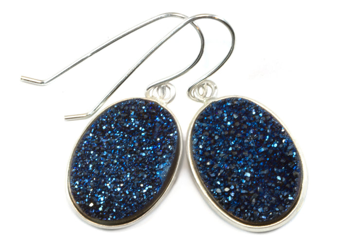 Peacock Blue Drusy Earrings Druzy Large Teardrop Oval 14k solid gold or filled or sterling silver Bezel Set Simple Drops High sparkle drops