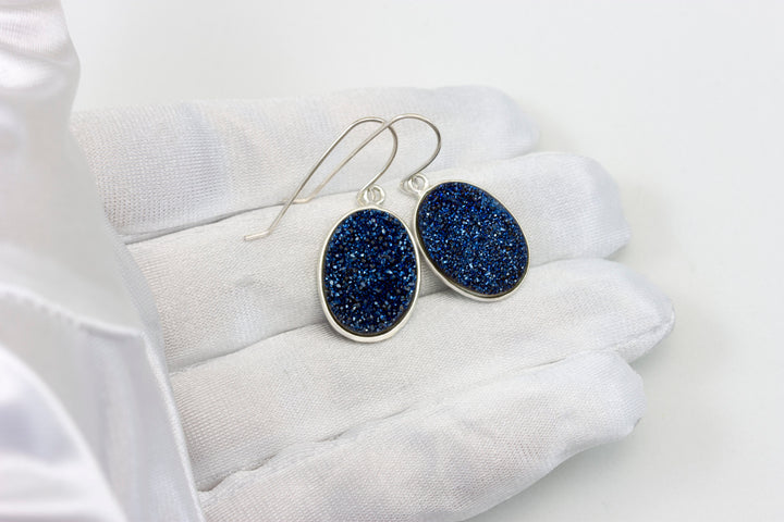 Peacock Blue Drusy Earrings Druzy Large Teardrop Oval 14k solid gold or filled or sterling silver Bezel Set Simple Drops High sparkle drops
