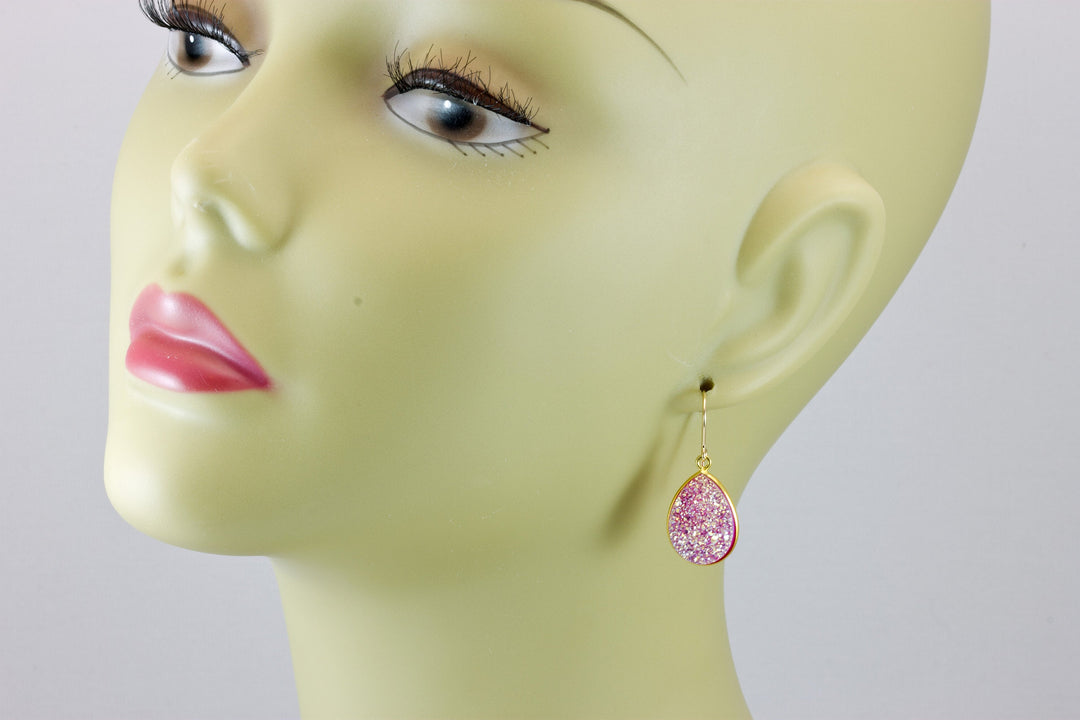 Pink Drusy Earrings Druzy Large Teardrops Sterling Silver or 14k Solid Gold or Filled Bezel Set Simple Drops Fuchsia Pink Daily Sparkly