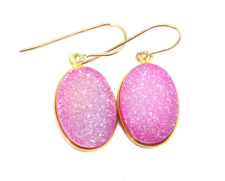Pink Drusy Earrings Druzy Large Teardrop Oval Sterling Silver or 14k Solid Gold or Filled Bezel Set Simple Drops AAA Fuchsia Simple Drops