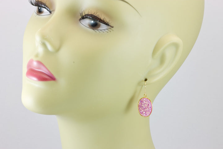 Pink Drusy Earrings Druzy Large Teardrop Oval Sterling Silver or 14k Solid Gold or Filled Bezel Set Simple Drops AAA Fuchsia Simple Drops