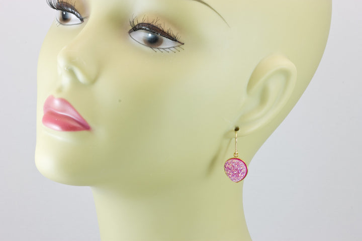 Pink Drusy Earrings Druzy Heart Shaped Sterling Silver or 14k yellow solid gold or filled Bezel Simple Drops Fine Druse Quartz Spyglass